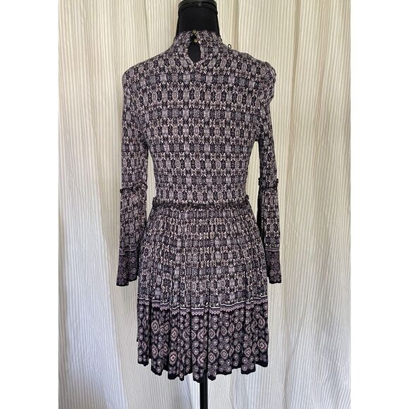 Womens Boho Mini Dress Small Black Purple Floral High Neck Long Sleeve Rayon - Picture 3 of 8